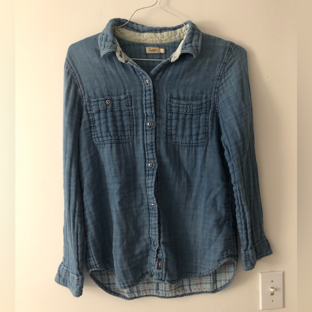 Faherty Dream Cotton Gauze Indigo Dyed Long Sleeve Button Up in Blue Size Large